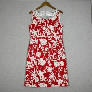 Tahari Arthur S Levine Sheath Dress Womens 10 Coral Floral Cotton Career Church